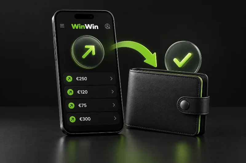 win win bet app withdrawal concept with a wallet and outgoing transaction arrow