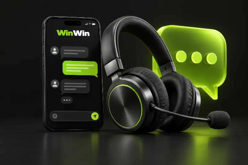 winwin app support illustration with a headset and mobile chat